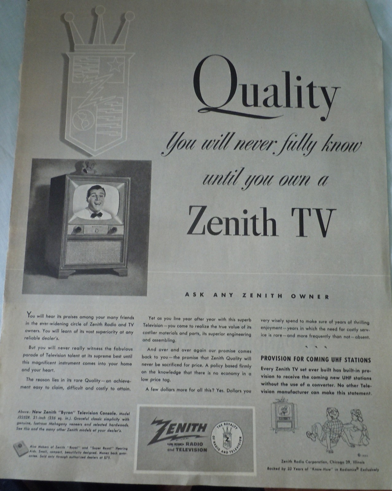 Zenith TV Quality Advertising Print Ad Art 1952 - $5.99