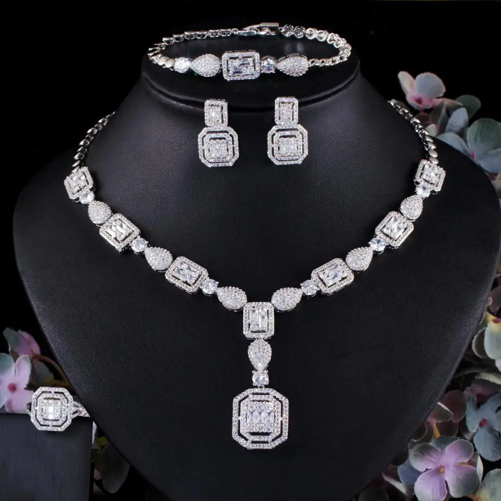 4 pcs Luxury White Cubic Zircon Women Wedding Costume Jewelry Sets for Brides Du - £54.91 GBP