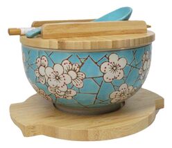 Blue Spring Blossoms Donburi Ramen Bowl With Lid Trivet Spoon Chopsticks... - $39.99