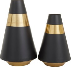 Deco 79 Metal Vase with Gold Band, Set of 2 14&quot;, 11&quot;H, Black - £39.79 GBP