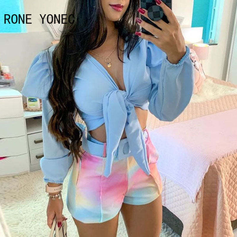Primary image for Deep V Neck Solid Tops Long Flying Sleeves Sashes Sexy Short Sets with Belt