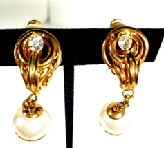 Vintage Gold Color, Pearl and Rhinestone LOVE KNOT  DANGLE CLIP ON Earrings - £11.95 GBP