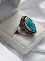 Vtg. Southwestern Turquoise Sterling Silver Cabochon Long Ring Sz. 7.5 12.0 gr - £54.48 GBP
