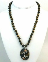 Chinese Tigers Eye Floral Wrapped Beaded Pendant Necklace - £20.63 GBP