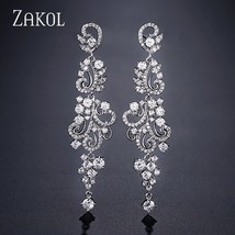 ZAKOL Fashion Bridal CZ Zirconia Crystal Leaf Shape Long Dangle Drop Earrings fo - £17.59 GBP