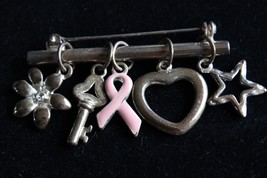 Tarnished Silver Tone Key Pink Ribbon Breast Cancer Brooch Pin - £9.49 GBP