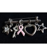 Tarnished Silver Tone Key Pink Ribbon Breast Cancer Brooch Pin - £9.48 GBP