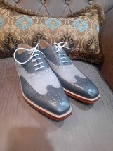 New Handmade Men&#39;s Gray Leather Wingtip Formal Shoes, Men Lace Up Leather Shoes - £103.18 GBP+
