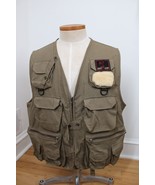 Vtg Eagle Claw L/XL Olive Brown Fly Fishing Utility Vest Zip Pockets - £26.78 GBP