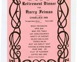 Charlie&#39;s Inn Retirement Dinner Menu Throggs Neck Bronx New York 1981 - £14.24 GBP
