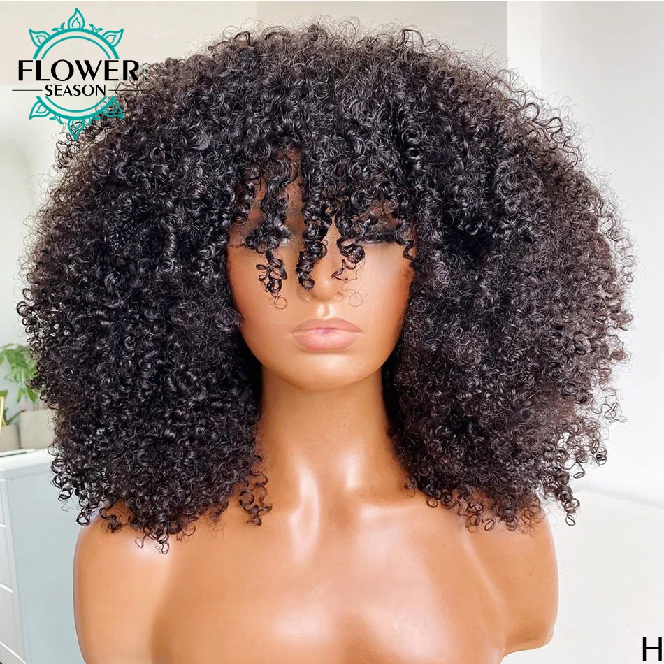 Afro Kinky Curly Wig With Bangs 200 Density Peruvian Curly Human Hair Wigs Scalp - £80.11 GBP+