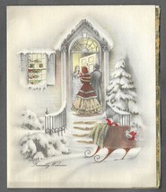 VINTAGE 1940s WWII ERA Christmas Greeting Card Art Deco GUEST AT DOOR Go... - $14.84