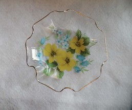 Floral Glass Dish with gold trim- Blue Flower - Yellow Flower - Vintage ... - $20.00