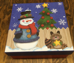 Empty Christmas decorative cardboard box winter scene with snow man on cover - £15.63 GBP