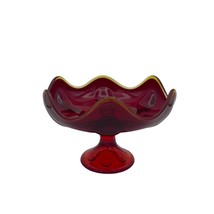 Viking Red Amberina Compote Pedestal Vintage Glass Fruit Bowl Ruffled Dish - $41.57