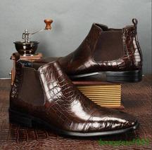 Handmade Men Brown Color Crocodile Embossed Calfskin Leather Chelsea ankle boot - £118.67 GBP+