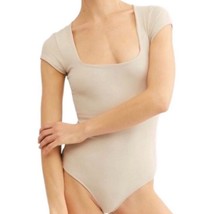 House of Harlow 1960 Bodysuit M Nude Smooth Square Neck Short Sleeve Thong Top - $13.89