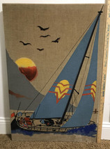 Vintage Unframed Large 36” X  24”  Screen Print Art on Canvas Boat Birds - $166.60