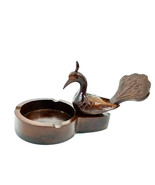 Exotic Teak Wood Ashtray – Handmade Carved Pink Peacock Design - $43.87