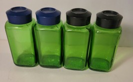 4 Duraglas Green 4 Oz Glass Spice Jars 1950&#39;s Owens Illinois Black Plastic Lids - $24.00