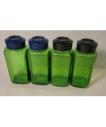 4 Duraglas Green 4 Oz Glass Spice Jars 1950&#39;s Owens Illinois Black Plast... - £18.87 GBP