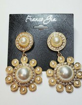 Franco Gia Gold Tone Earrings Rhinestones &amp; Pearls Flower Shaped Dangle  #55 - £15.98 GBP