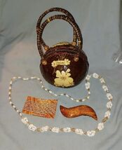 Hawaiian Hawaii Coconut Purse, KOA Wood Hair Barrette and Shell Necilace... - $33.22