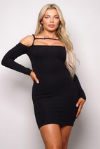 Women&#39;s Black Long Sleeve Cuff Front Strap Mini Dress (M) - £22.10 GBP
