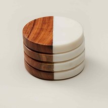 Marble and wood Tea Coaster Non Slip Set Of 4 Luxury Coffee Drink Mat Cup White  - £64.95 GBP