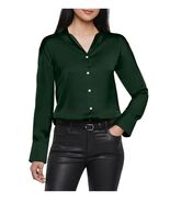 Express Womens Shirt Green Button Down Satin V-Neck Long Sleeves Relaxed... - $60.55 CAD