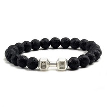 High Quality Men Beaded Bracelet Natural Black Lava Stone Dumbbell Charm Bracele - £14.18 GBP