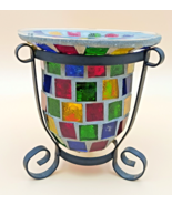 Mosaic Glass Multicolor Tealight Candle Holder W/Black Stand - £9.55 GBP