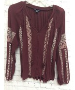 American Eagle Womens Burgundy Floral Embroidered Tassels Long-Sleeve To... - £11.72 GBP