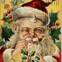 Santa Smoking Tobacco Pipe w/ Presents Holly Embossed Antique Christmas Postcard - £7.78 GBP