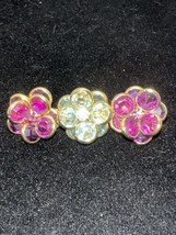 Beautiful Dimensional Floral Brooch Amethyst Aqua and Gold Tone 3 Flower Bar Pin - £28.06 GBP