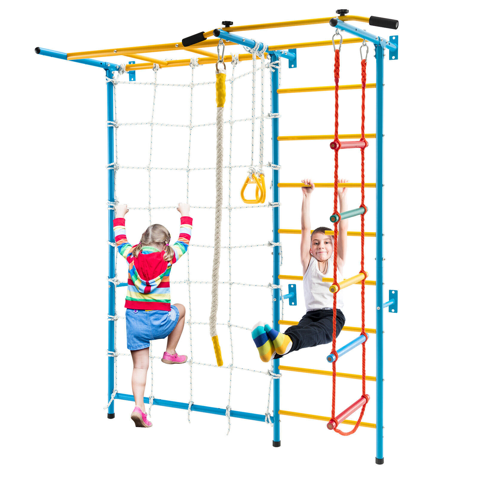 7 in 1 Kids Indoor Jungle Gym Steel Home Playground with Monkey Bars Yellow