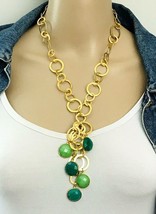 Gold Tone Open Circle Green Chrysoprase Chain Tassel Necklace - £22.10 GBP