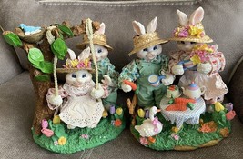 Spring Bunnies Decoration Set Of 2 Centerpiece For Easter Fabric Mache - £39.43 GBP