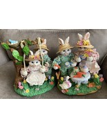 SPRING BUNNIES Decoration SET of 2 CENTERPIECE for EASTER FABRIC MACHE - £38.94 GBP