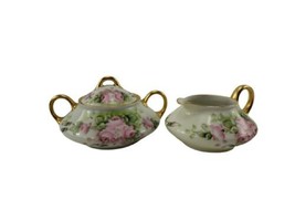 Antique Barvaria Sugar And Creamer Hand Painted Pink Roses Gold Trim Signed  - £70.35 GBP
