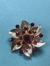 Vintage Small Coro Signed Ruby Red Rhinestone Goldtone Flower Pin Brooch – marke - £10.46 GBP