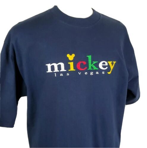 Disney Store Mickey Mouse Las Vegas T-Shirt XL Navy Blue Embroidered Goofy Pluto - £12.81 GBP