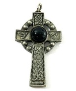 Vintage Pewter Celtic Cross Pendant with Black Cabochon Stone Signed Design - $19.95