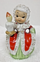 Vintage Christmas Girl w Candle Porcelain Bell Japan 4 3/4&quot; Spaghetti Trim - $28.22