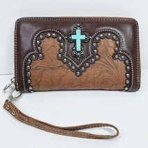 Rustic Couture Studded Turquoise Cross Embossed Western Wallet Clutch - £23.50 GBP