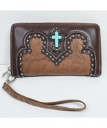 Rustic Couture Studded Turquoise Cross Embossed Western Wallet Clutch - $34.19 CAD