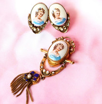 1940s Victorian Revival Hand Paint Limoges FRANCE Brooch Pendant Earrings Set - £140.12 GBP