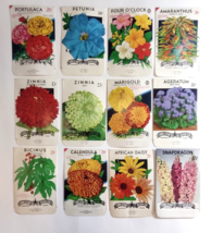 Vintage 1950&#39;s Flower Seed Packs EMPTY Lot 12 Portulaca Marigold Ageratum Daisy - £12.76 GBP