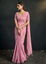 Beautiful Pink Sequence And Appliqu Embroidery Wedding Saree - £91.81 GBP