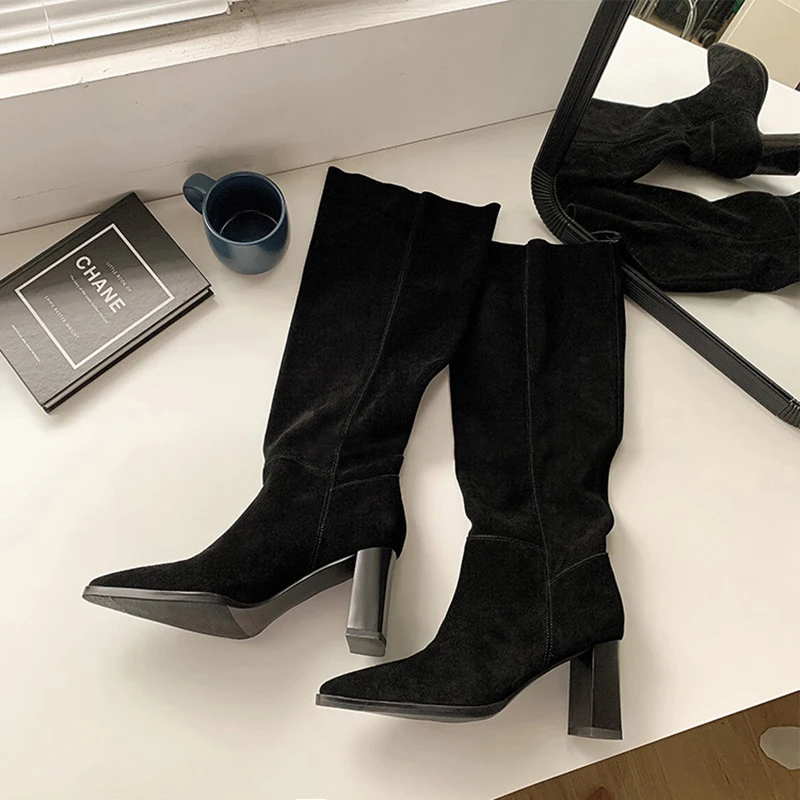 2024 Autumn Winter Boots Women Pointed Toe Mid Heels Long Boots Thick Square Hee - £96.46 GBP